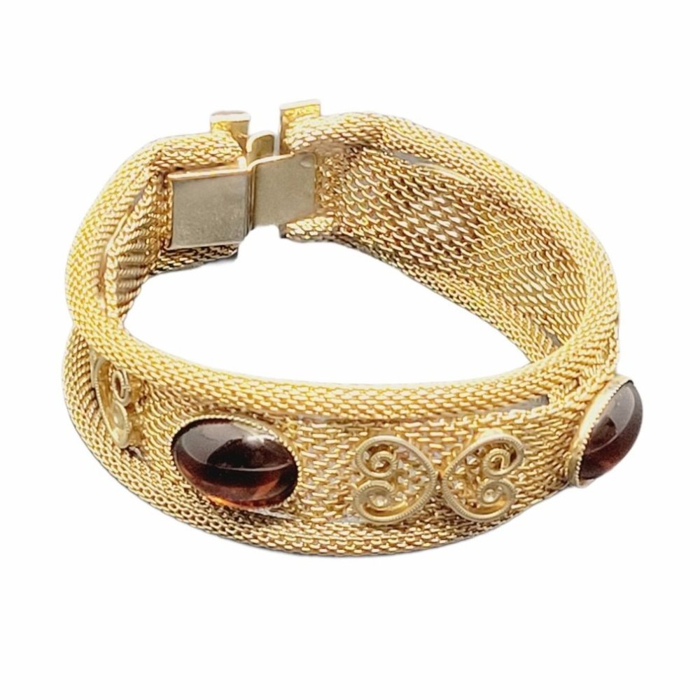 Celebrity NY Bracelet, Gold Mesh Bracelet with Faux Amber Stones, Faux Cat Eye S